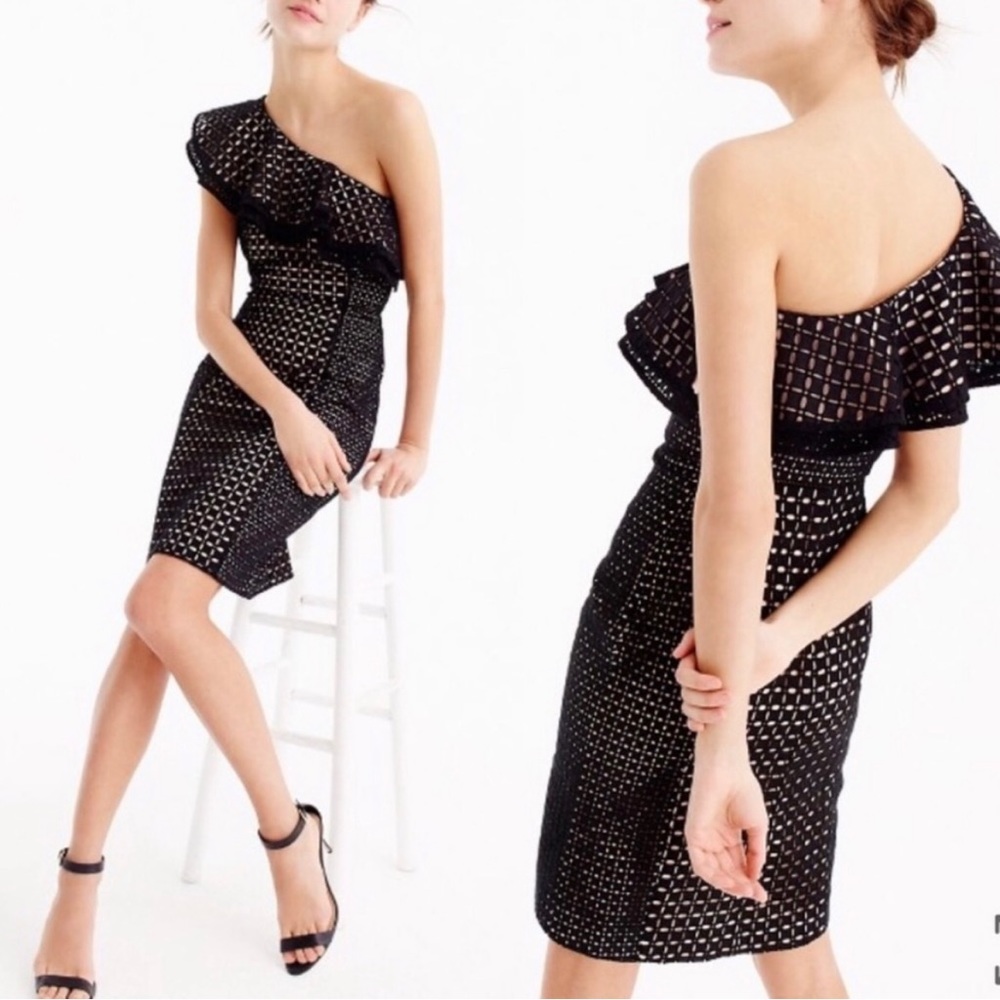 J. Crew One Shoulder Dress in Eyelet Black and Cream, Size 0 Petite